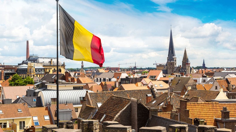 Flag of Belgium flies over castle and town