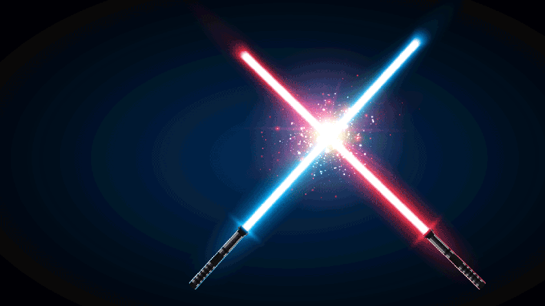 Two Crossed Light Swords Fight. Blue and Red Crossing Lasers. Design Elements for Your Projects. 