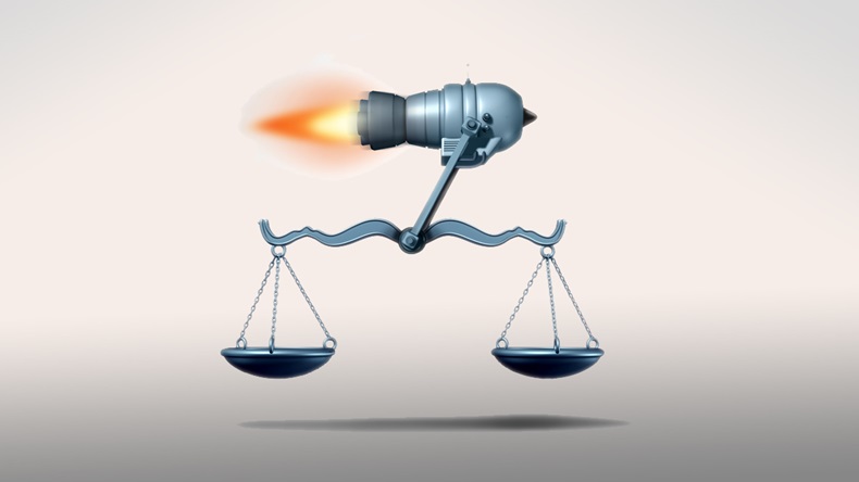 Fast track law service and lawyer services concept as a rocket moving a justice scale as a symbol of the quick legal advice or timely passage of government legislation as a 3D illustration. - Illustration 