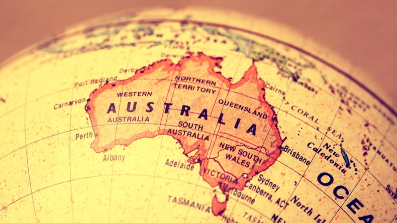 Australia on atlas world map