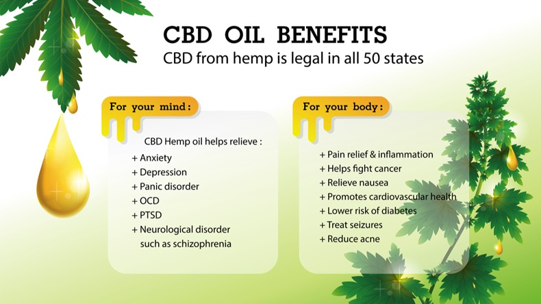 CBD oil benefits,Medical uses for cbd from hemp is legal in all 50 states. - Vector 