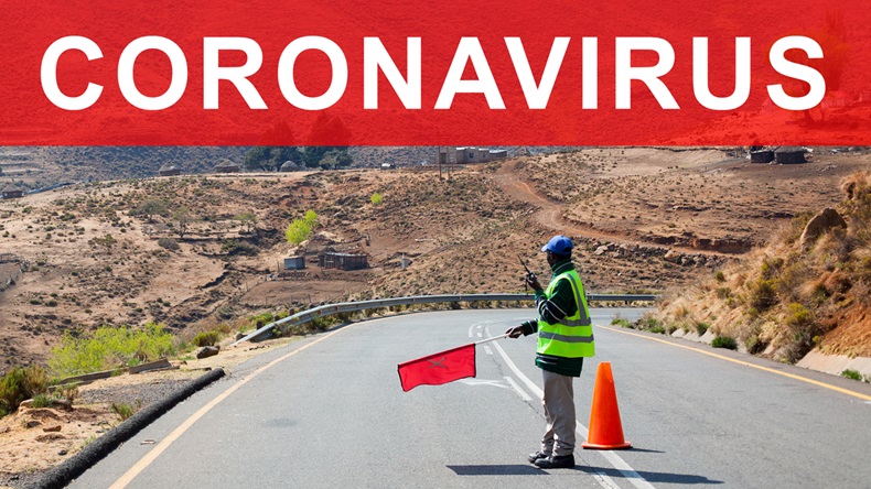 Coronavirus pandemic danger, covid19 epidemic, moving restrictions, virus emergency situation banner, man with red flag on road, closed customs border, transport control, stop sign, travel restriction
