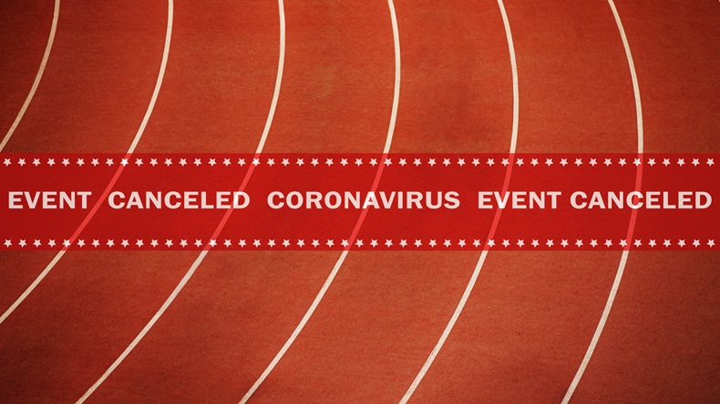 warning tape event canceled coronavirus in background running athletics red track