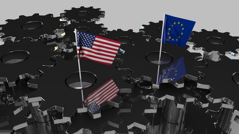EU drafts retaliation list for possible U.S. auto tariffs. Flags of the USA and the European Union on Meshing Gears. Art Concept. 3D Rendering. - Illustration 