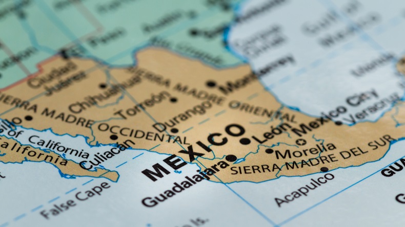 close up of the country of word Mexico on a wold map