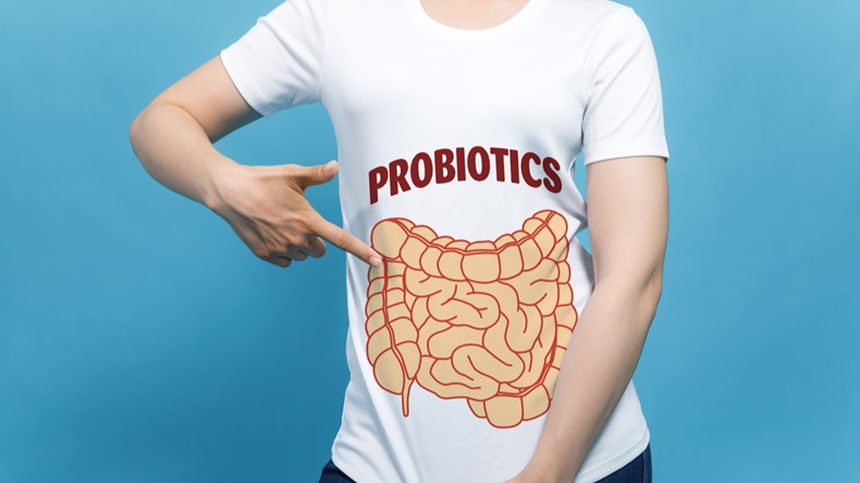 young woman wearing a T-shirt printed with an intestinal illustration