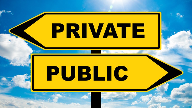 Private or Public - Traffic sign with two options - services and companies owned by state or private businessman. Socialist / Capitalist question of privatization, school system, health service - Image 