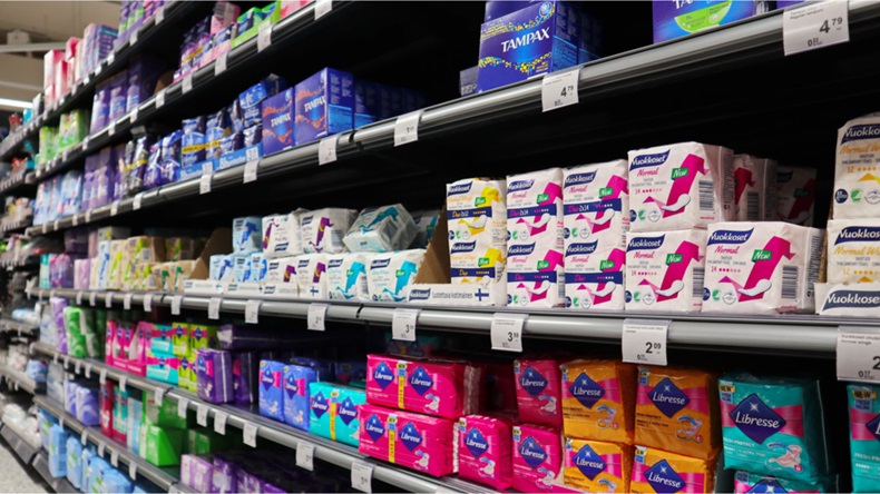 Nurmijarvi, Finland -07-05-2019: Feminine hygiene products or menstrual hygiene products are personal care products used by girls and women during menstruation