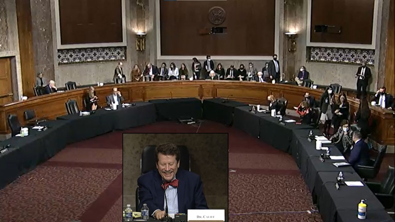 Califf faces the HELP committee during his December 14, 2021 confirmation hearing. (photo illustration | screenshots)