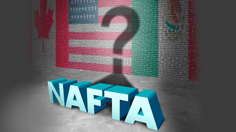 NAFTA or the north american free trade agreement concept as the flags of United States Mexico and Canada question for the American Mexican and Canadian governments as a 3D illustration.