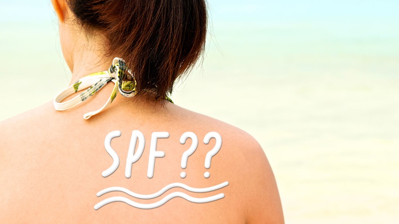 Sunscreen lotion with word is "SPF ??" on asian woman skin, back view.