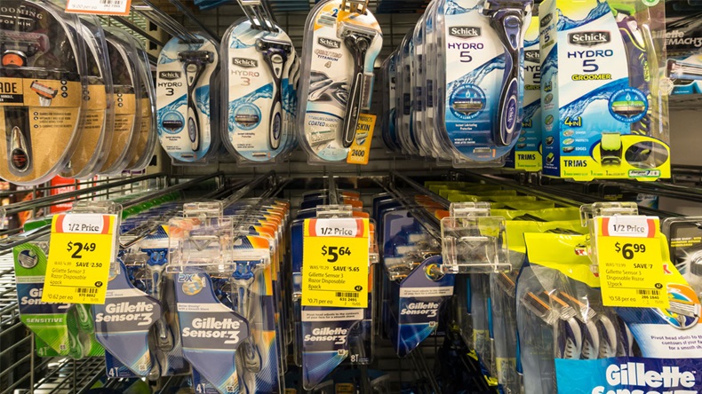 Gold Coast, Australia - May 09 2018: Razors from various brands such as Gillette and Schick are displayed in a supermarket.