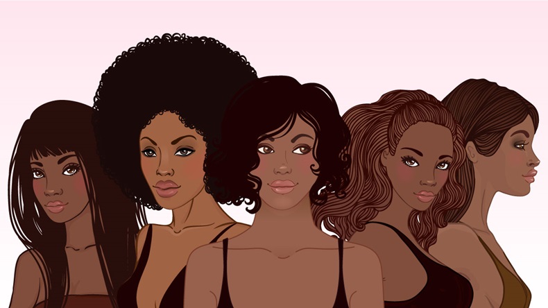 Group of African American pretty girls. Female portrait. Black beauty concept. Vector Illustration of Black Woman. Great for avatars. Fashion, beauty