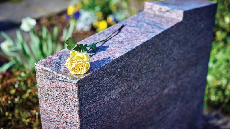 grief on cemetery / withered yellow rose on gravestone / sorrow about loss