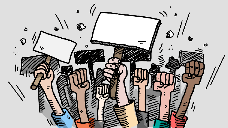 Demonstration. Mass Protest, a hand drawn vector doodle illustration of people protesting about something, the blank protest board could be filled with text of your own choice