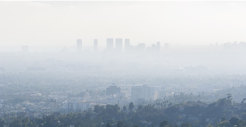 4th Sep 2016 - Los Angeles, United States. Downtown skyscrapers silhouettes of the city of Los Angeles. Poor visibility, smog, caused by air pollution. - Image 
